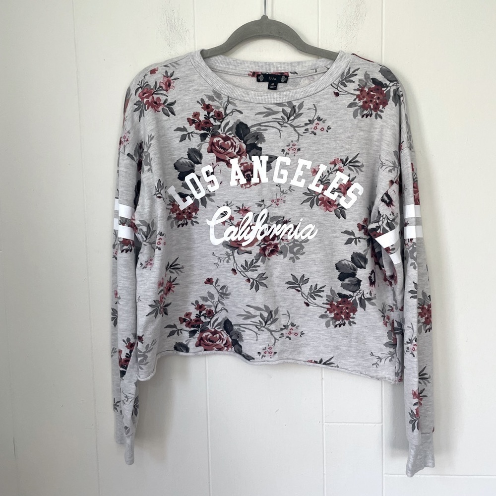 Iris Los Angeles California Floral Sweatshirt Crop Raw Hem 100% Cotton ~ Size XL